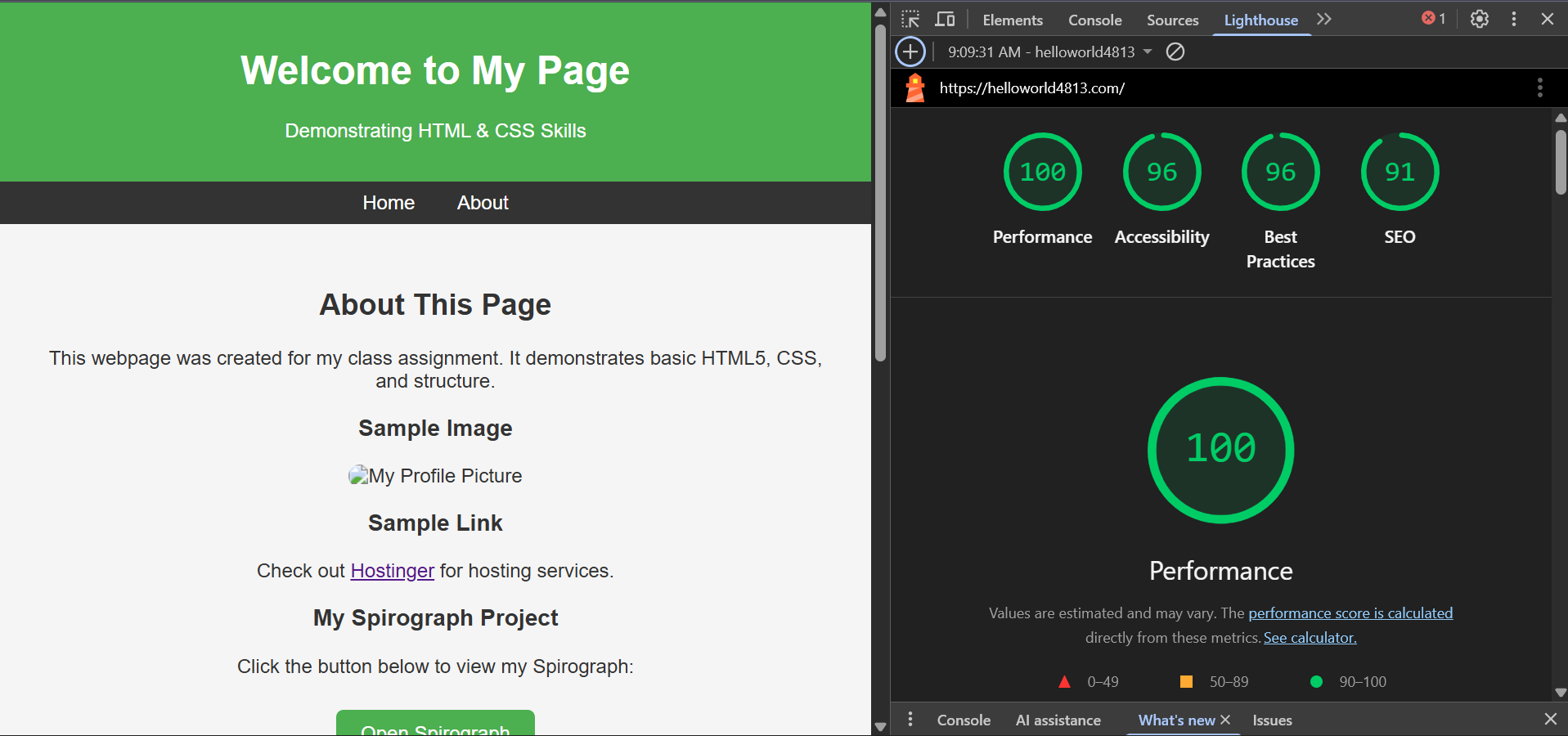 Screenshot of Lighthouse Report